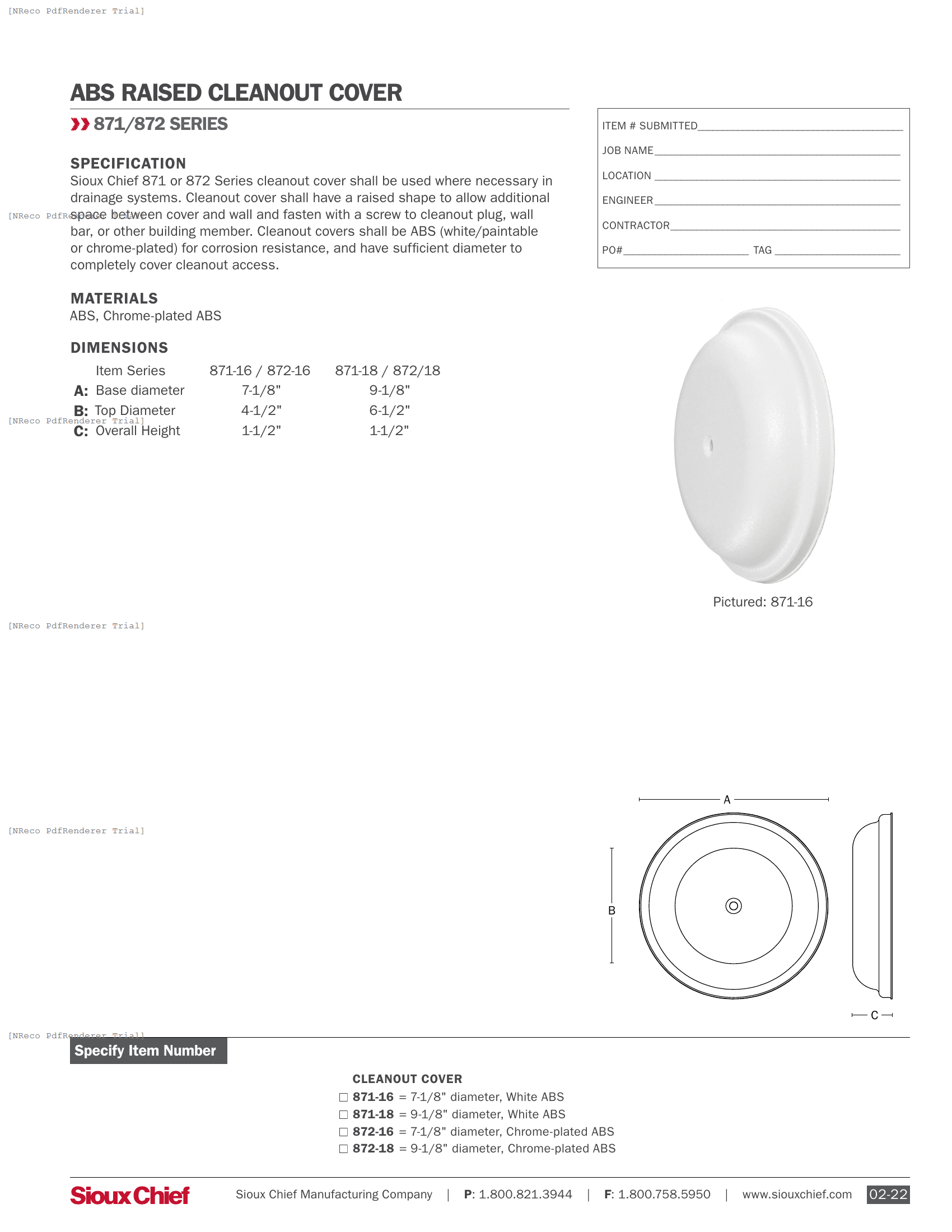 871-872 SERIES - RAISED ABS CLEANOUT COVER - SPEC SHEET.PDF Specification Document